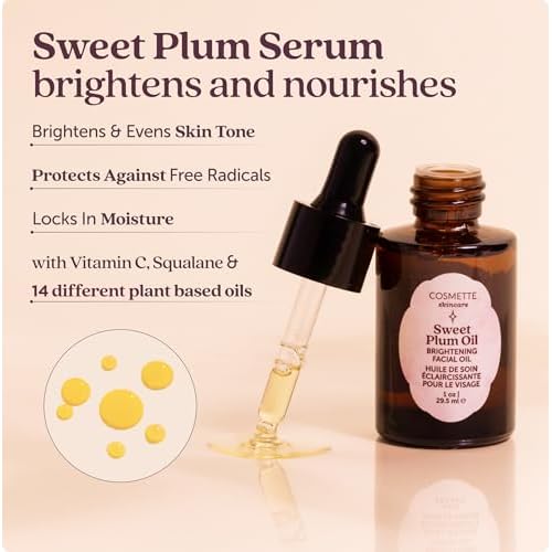 Cosmette Sweet Plum Vitamin C Facial Oil With Grape Seed, Almond, Coconut & Castor Oils, Hydrating Daily Face Oil to Support & Protect Skin Health, Plant Based Natural Skin Care, Vegan, 1 FL Oz