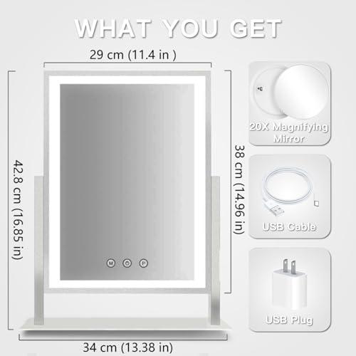 HIEEY Lighted Makeup Mirror, 17.4" L x 13.1" W Hollywood Vanity Mirror with Lights, Three Color Lighting Modes, with 4in 20X Magnification Mirror, Smart Touch Control, 360¡ÆRotation (White,Gift Box)