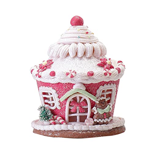 MOTUZP Lighted Christmas Gingerbread House Ornaments, Christmas Candy Gingerbread House Decor with LED Light, Candy House Hanging Ornaments Desktop Adornment for Indoor Room Desktop Decor(Pink)