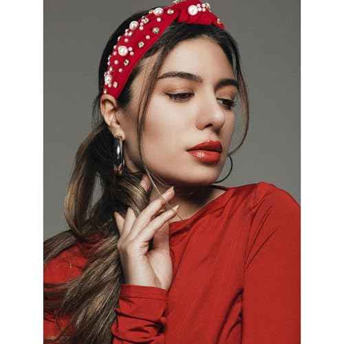 Red Headband for Women Pearl Knotted Headband Sparkly Rhinestone Pearls Top Knotted Headbands Womens Fashion Hair Accessories Cute Hair Bands
