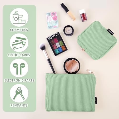 MAGEFY Small Corduroy Makeup Bag, 2 Pcs Green Pouch with Inner Pocket - Travel Purse Organizer