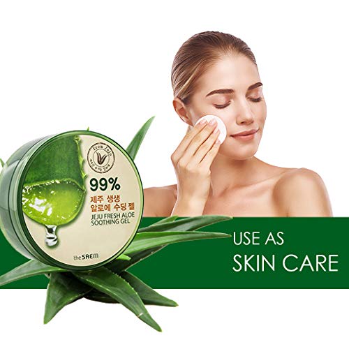 THESAEM Jeju Fresh Aloe Soothing Gel 10.1 fl. oz. - 99% Pure Aloe Vera Leaf Juice from Jeju Island - Multi-Purpose Moisturizing Gel for Face, Body & Hair - Cooling Relief for Irritation & Dry Skin