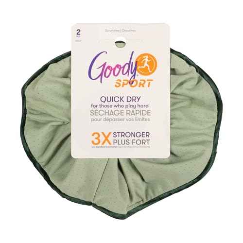 Goody Sport Forever Scrunchies, 2 Ct, Blue & Green, 3X Stronger Hair Scrunchies, Damage-Free Sport-Level Grip for Active Lifestyles, Quick-Dry Styling Accessories for Women & Men, All Hair Types