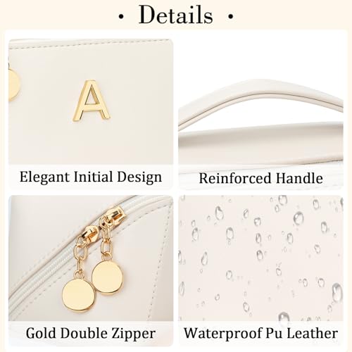 Birthday Gifts for Women Teen Girl, Personalized Initial Makeup Organizer Bag Set, Open Flat Travel Cosmetic Bag With Clear Divider and Handle(Beige,A)