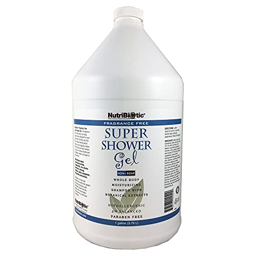 NutriBiotic ? Fragrance-Free Super Shower Gel, 1 Gallon | Whole-Body Moisturizing Shampoo with GSE & Botanical Extracts | Non-Soap, pH Balanced & Free of Gluten, Parabens, Sulfates, Dyes & Colorings