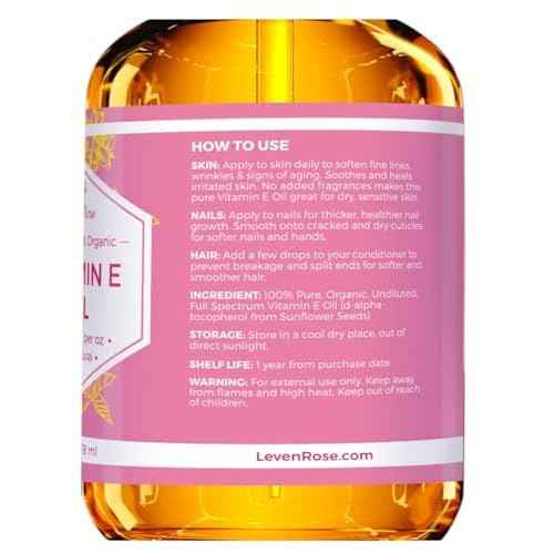 Leven Rose 100% Vitamin E Oil 75,000 IU per oz 100% Natural, Organic, Pure Vitamin E Oil for Skin, Face, Hair, Nails 1oz
