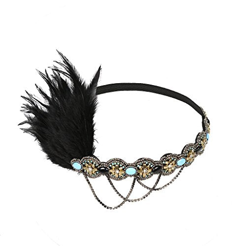 Bubbmi 1920s Flapper Girls Headband Black Feather Headpiece, Great Gatsby Hairband with Rhinestone, Costume Accessories for Women Showgirl Parties (HD6017black)