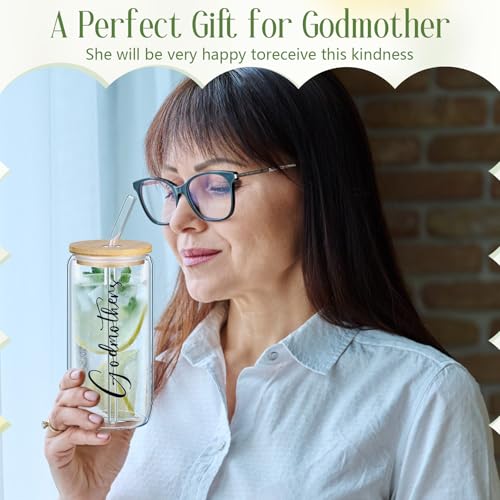 Skylety Godmother Proposal Gifts Set 16 oz Coffee Glass Godmother Cosmetic Bag White Hair Scrunchies, Gift Box, Mother's Day Gifts for God Mother, Wedding Holiday Appreciated Gift