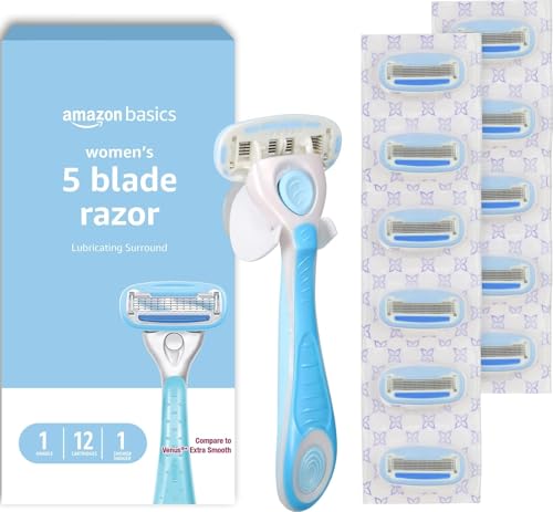 5-Blade Women's Razor Set with Handle, 12 Cartridges & Shower Hanger - Blue
