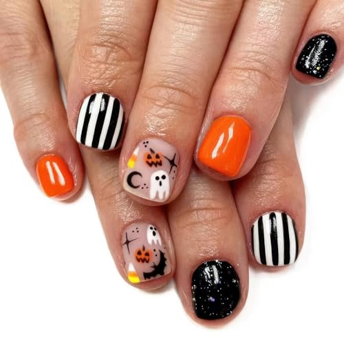 24Pcs Halloween Nails,Short Press on Nails Square Fake Nails Dark Purple False Nails Glitter Stick on False Nails Set, Reusable Glue on Nails for Women Girls Gift