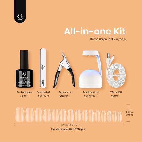 Beetles Gel Polish Nail Extension Kit 240 Pcs Gelly Tips Full Matte Short Coffin Shape 5 in 1 Glue Uv Led Lamp & Jelly Gel Polish Nude Pink Color Neutral Translucent Set Soak Off Nail Lamp Manicure