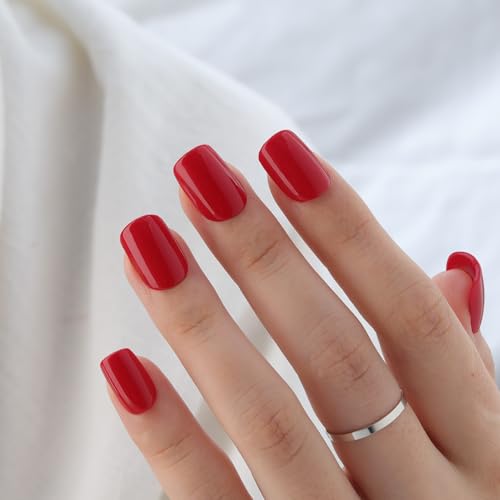 Short Square Press-On Nails Glossy Red 30 Piece Set