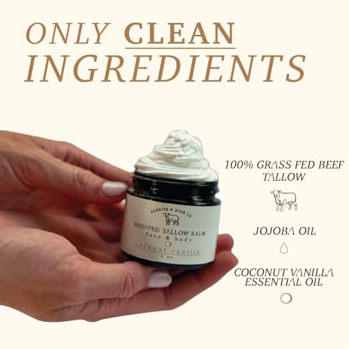 Nourish & Hyde Co. 100% Grass-Fed Tallow Whipped Balm & Lotion ? 2 oz | Moisturizer for Face & Body | Beef Tallow for Skin | No Seed Oils, Handcrafted in USA (Coconut Vanilla)