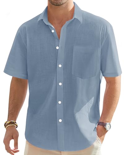 J.VER Men's Short Sleeve Linen Cotton Shirts Casual Button Down Shirt Summer Beach Tops with Pocket Airy Blue Medium