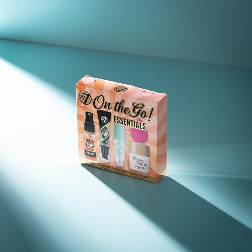 W7 On the Go Essentials Gift Set - Mini Makeup Must-Haves with Primer, Setting Spray, Mascara, Golden Glow Bronzing Drops & Beauty Sponge - Travel or Handbag Size Essentials