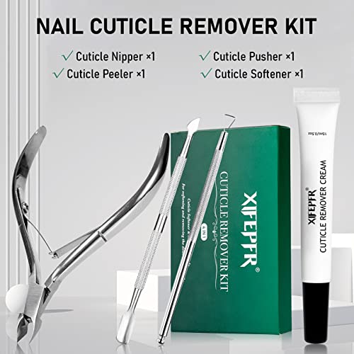 XIFEPFR Cuticle Remover Kit, Cuticle Remover Cream, Cuticle Trimmer, Cuticle Pusher, Cuticle Nipper, Professional Cuticle Remover Tools Set, Stainless Steel Manicure Tools with 15ml Cuticle Softener