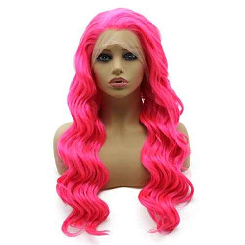 iwonawig Long Wavy Half Hand Tied Heat Resistant Synthetic Swiss Lace Front Pink Wig