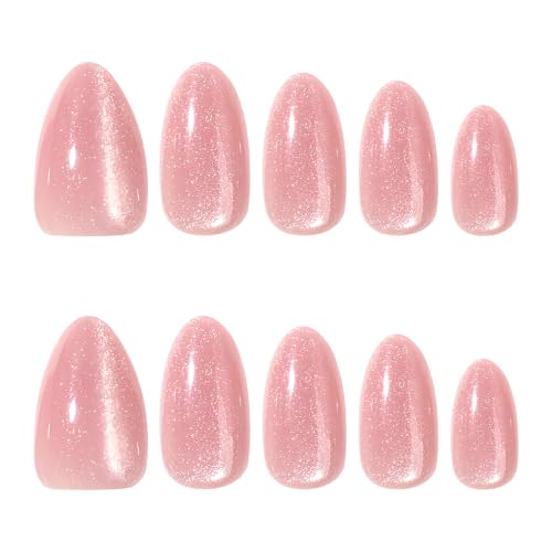 Stbisen Pink Pearl Glow Short Almond Press On Nails - Model 93, Reusable, Glossy Chrome Shimmer, Wedding & Daily Wear, 24pcs