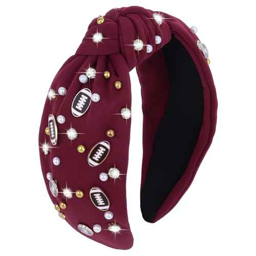 YARIEW Football Headband for Women Pearl Rhinestone Jeweled Knotted Headband Fashion Headband Wide Game Day Sports Hair Accessories Gift for Football Mom Fans Christmas (Burgundy)