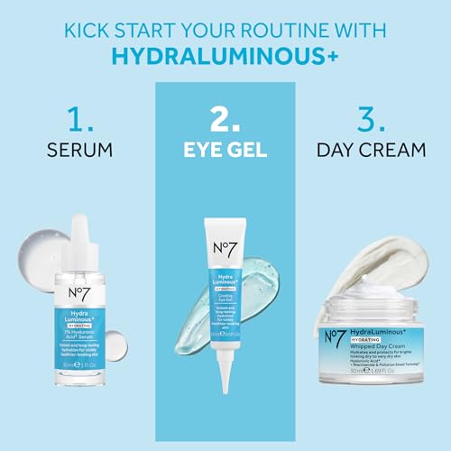 No7 HydraLuminous+ Cooling Under Eye Gel - Hydrating Eye Gel to Smooth Dry, Fine Lines with Hyaluronic Acid & Vitamin B3 Niacinamide - Reveals Visibly Healthier-Looking Skin (0.5 Fl Oz)