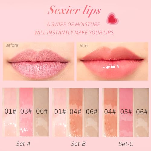 3Pcs Plumping Lip Oil, Lip Glow Oil Tinted Lip Balm Lip Care, Long Lasting Nourishing, Transparent Toot Lip Oil Repairing Lip Lines and Prevents Dry Cracked Lip Plumper (Lip Gloss- C Set)