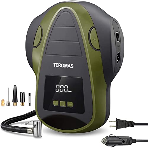 TEROMAS Tire Inflator Portable Air Compressor, 12V DC/110V AC Air Pump for Car Tires and Other Inflatables at Home, Digital Electric Tire Pump with Pressure Gauge(Green)