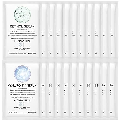 #OOTD Retinol + Hyaluron Serum Korean Sheet Mask Sheet Gift Pack [20 Count] Plumping Glowing Luminating Hydrating Rejuvenating Sheet Mask Gift Pack