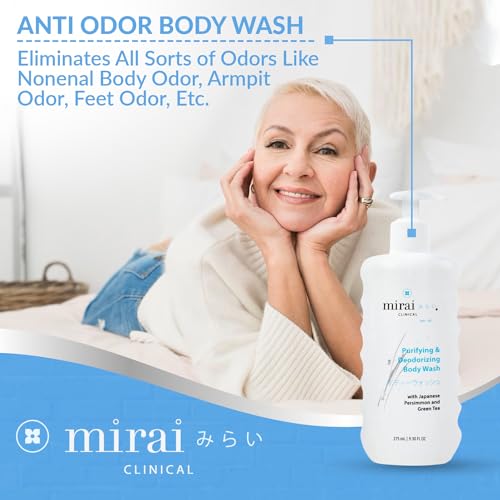 Mirai Clinical Body Odor Eliminator Bundle: Renewing Body Wash & Persimmon Soap Bar Set - Natural Deodorizing with Persimmon & Green Tea Extracts - Nonenal Elimination for Women & Men - 9.29 Fl oz Bod