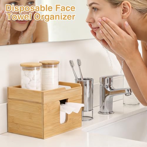 Bamboo Disposable Face Towel Holder with 2 Glass Jars - Open-Top Skincare Organizer for Facial Cleansing Wipes & Beauty Essentials - Bathroom Countertop Vanity Organizer