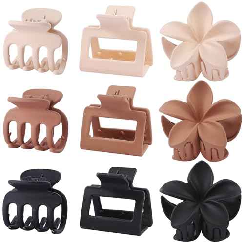 3 Styles Medium Hair Clips for Women 9 Pcs Small Claw Clips for Thin Hair Flower Hair Clips for Thick Hair Square Hair Claw Clips for Girls Hawaiian Plumeria Hair Accessories for Women (Brown)