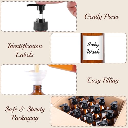 12 Pack Amber Glass Bottles 8oz with Pump Dispensers, Refillable Empty Pump Bottles for Bathroom, Kitchen, Shampoo, Soap, Lotion ? Includes 2 Funnels & 12 Labels