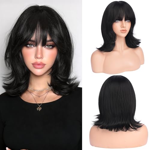 Black Short Bob Wig with Bangs 14 Inch Shoulder Length