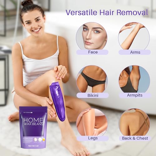 BLITZWAX Lavender Hard Wax Beads for Hair Removal - 1lb Coarse Hair Formula - Painless Wax for Sensitive Skin, Face, Full Body, Bikini - At-Home Waxing Beads for Women Men