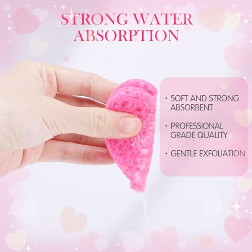 120 Pcs Compressed Facial Sponges with Container, Disposable Natural Face Sponges Round Soft Pads with Container for Washing Face Cleansing Exfoliating Esthetician Makeup Removal Travel (Heart, Pink)