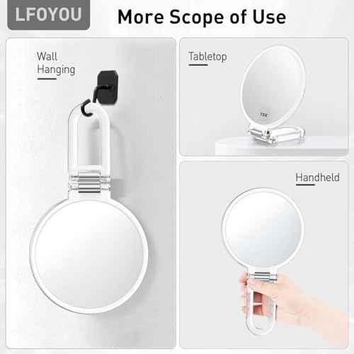 LFOYOU Magnifying Handheld Mirror Double Sided, 1X 15X Magnification Hand Mirror, Travel Folding Held Adjustable Rotation Pedestal Makeup Desk Vanity Mirror