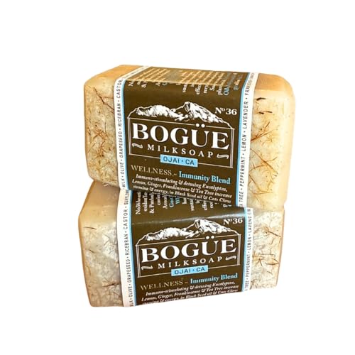 Goat Milk Soap set of 2 BOGUE No.36 WELLNESS Immunity Blend- Stimulating Essential Oils Eucalyptus, Lemon, Ginger, Frankincense & Tea Tree with Black Cumin oil, Cats Claw herb top