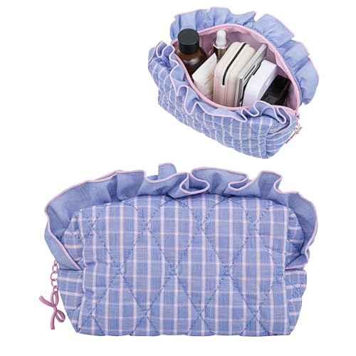 Frillie Quilted Ruffle Makeup Bag ? Cute & Elegant Cosmetic Organizer for Women, Lightweight Travel Pouch, Giftable Design (Pink)