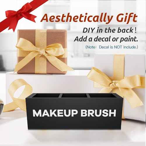 Suli Large Makeup Brush Holder Organizer, Wooden Cosmetic Brushes Storage with 3 Slots, Eyeliners Display Case for Vanity Desktop Bathroom Countertop -Black