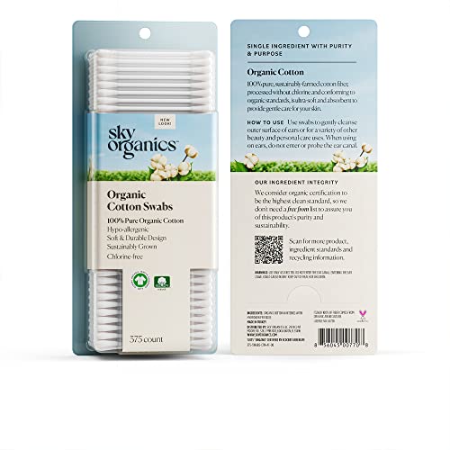 Sky Organics Organic Cotton Swabs for Sensitive Skin, 100% Pure GOTS Certified Organic for Beauty & Personal Care, 4 Pack