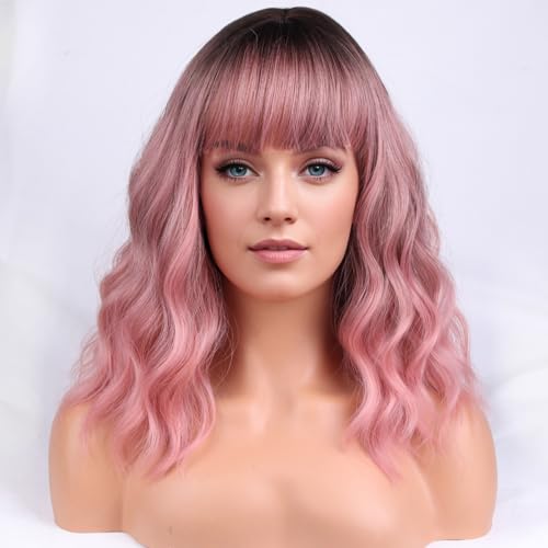 PATTNIUM Ombre Pink Wigs for Women Shoulder Length Curly Short Wavy Bob 12'' Heat-Resistant Synthetic Hair