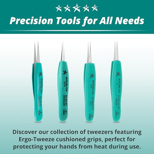 Excelta 3C-SA-ET Straight Very Fine Precision Pointed Tweezers, Ergo-Tweeze TealShield Soft Cushioned Grips, Anti-Magnetic Neverust Stainless Steel, 4.75¡± Long, Swiss Made, Professional