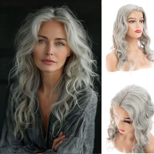 Gray Curly Wavy Lace Front Wig 20" - Synthetic Heat Resistant