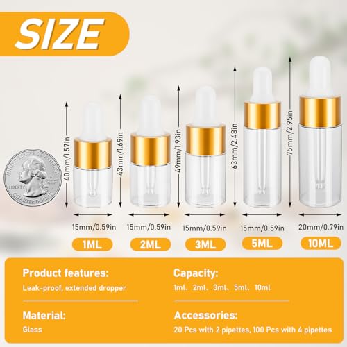 20 Pack 1ml Glass Dropper Bottles for Essential Oil & Cuticle