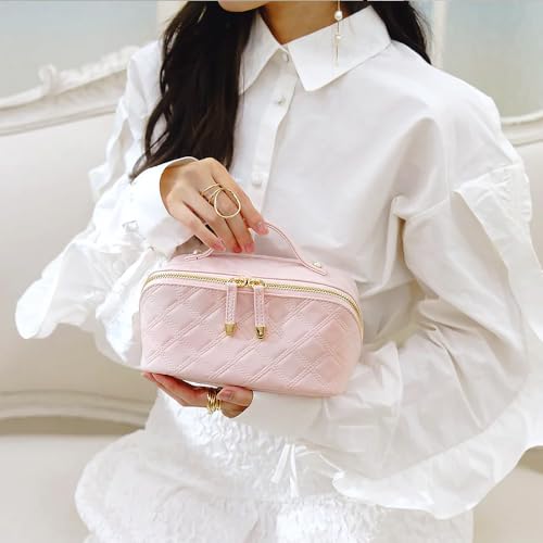 Travel Makeup Bag,Cosmetic Bags for Women,Waterproof Portable Pouch Open Flat Toiletry Bag Diamond-patterned style Makeup Bag (Pink)