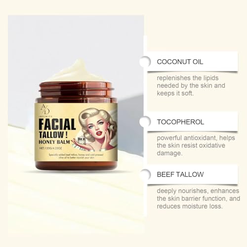 Beef Tallow for Skin - Facial Tallow Honey Balm, Natural Anti-Aging Moisturizer with Coconut Oil, Honey & Vitamin E