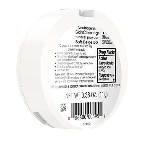 Neutrogena SkinClearing Mineral Acne-Concealing Pressed Powder Compact, Shine-Free & Oil-Absorbing Makeup with Salicylic Acid to Cover, Treat & Prevent Breakouts, Soft Beige 50,.38 oz