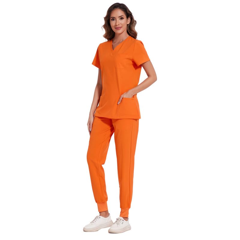 COZYFIT Scrubs for Women Set - Stretch V-Neck Scrub Top & Jogger Pant with 8 Pockets, Yoga Waistband, Anti Wrinkle, Slim Fit Women Scrubs - Orange, XS