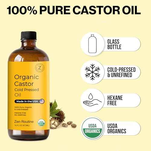 Zen Routine Organic Castor Oil (16oz Glass Bottle) Hexane Free ? Hair Growth Oil, Eye Lashes & Stomach, 100% Cold Pressed Unrefined Pure for Castor Pack Wrap ? USDA Certified, Made in the USA