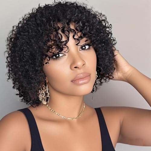 Short Kinky Curly Bob Human Hair Wig with Bangs for Black Women