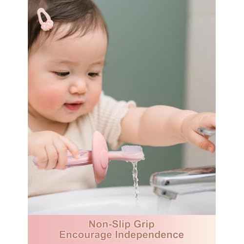 Baby Toothbrush & Teether for Infant and Toddler, Silicone Baby Oral and Tongue Cleaner, Ultra Soft Infant Training Toothbrush with Travel Case, Adjustable Safety Shield - Pink